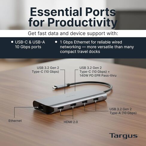Targus Dual Video Mobile Dock with 140W EPR Power Pass-Through, Dual HDMI 4K@60Hz, 2X USB-C & 2X USB-A 10Gbps, Gigabit Ethernet, EcoSmart Design DOCK427GL in Kuwait