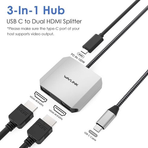 USB-C to Dual HDMI Splitter,WAVLINK 3-in-1 HDMI Adapter in Kuwait