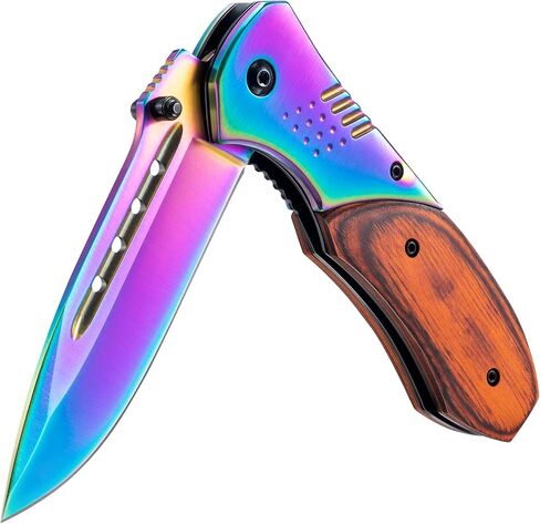 KEXMO Pocket Knife for Men - Sharp Blade Wood Handle Pocket Folding Knives with Clip, Glass Breaker - EDC Knives for Survival Camping Fishing Hiking Women, Large, Rainbow in Kuwait