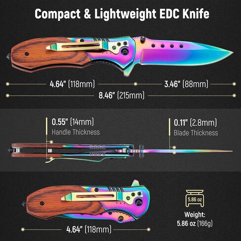 KEXMO Pocket Knife for Men - Sharp Blade Wood Handle Pocket Folding Knives with Clip, Glass Breaker - EDC Knives for Survival Camping Fishing Hiking Women, Large, Rainbow in Kuwait