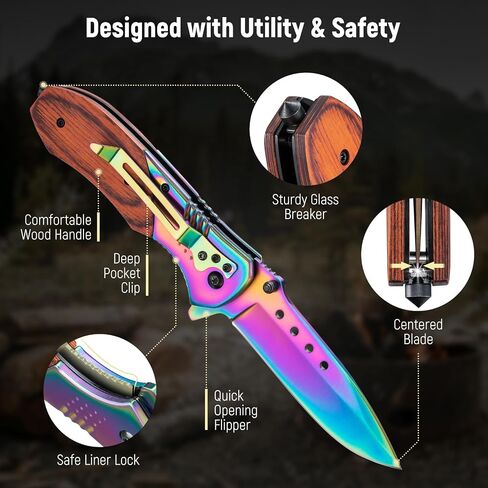 KEXMO Pocket Knife for Men - Sharp Blade Wood Handle Pocket Folding Knives with Clip, Glass Breaker - EDC Knives for Survival Camping Fishing Hiking Women, Large, Rainbow in Kuwait