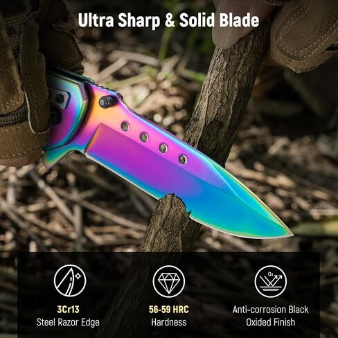 KEXMO Pocket Knife for Men - Sharp Blade Wood Handle Pocket Folding Knives with Clip, Glass Breaker - EDC Knives for Survival Camping Fishing Hiking Women, Large, Rainbow in Kuwait