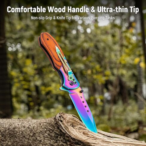 KEXMO Pocket Knife for Men - Sharp Blade Wood Handle Pocket Folding Knives with Clip, Glass Breaker - EDC Knives for Survival Camping Fishing Hiking Women, Large, Rainbow in Kuwait