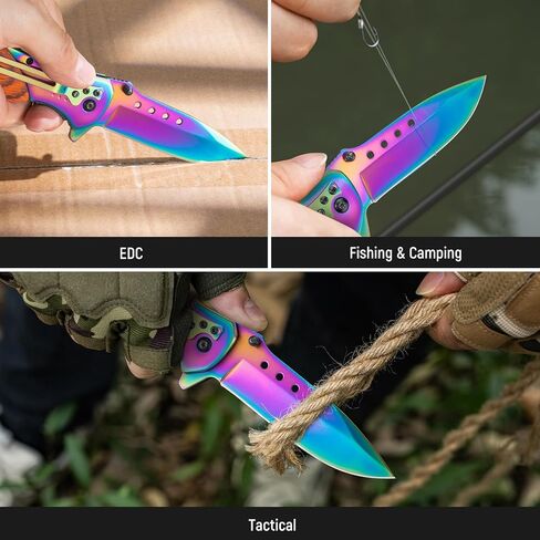 KEXMO Pocket Knife for Men - Sharp Blade Wood Handle Pocket Folding Knives with Clip, Glass Breaker - EDC Knives for Survival Camping Fishing Hiking Women, Large, Rainbow in Kuwait