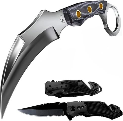 GOOD WORKER Karambit Knife with Sheath & Micarta Handle – Small Fixed Blade Knife – 2.95" Serrated Blade Pocket Knife – Black Folding Knife with Glass Breaker and Seatbelt Cutter in Kuwait