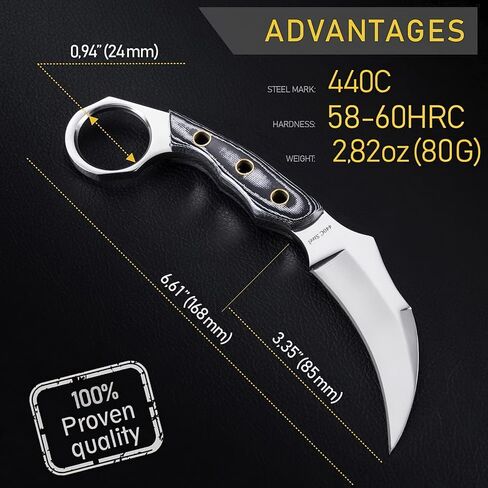 GOOD WORKER Karambit Knife with Sheath & Micarta Handle – Small Fixed Blade Knife – 2.95" Serrated Blade Pocket Knife – Black Folding Knife with Glass Breaker and Seatbelt Cutter in Kuwait
