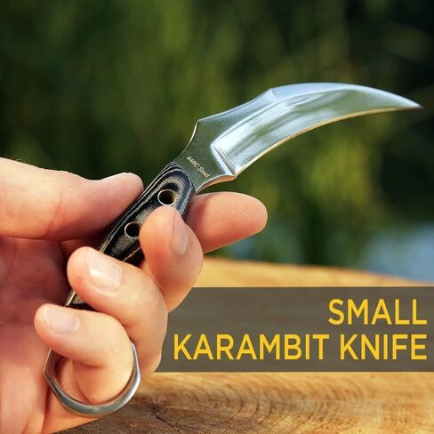 GOOD WORKER Karambit Knife with Sheath & Micarta Handle – Small Fixed Blade Knife – 2.95" Serrated Blade Pocket Knife – Black Folding Knife with Glass Breaker and Seatbelt Cutter in Kuwait