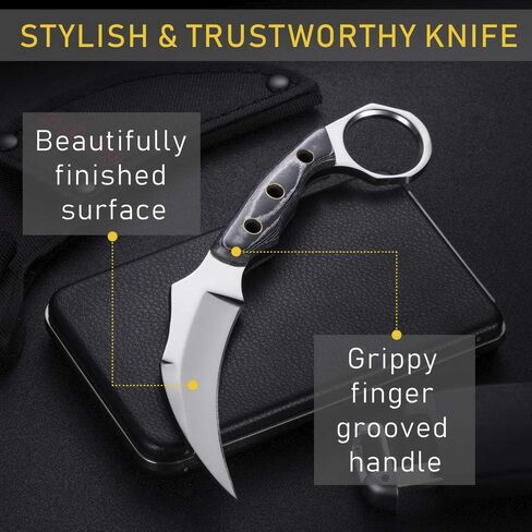GOOD WORKER Karambit Knife with Sheath & Micarta Handle – Small Fixed Blade Knife – 2.95" Serrated Blade Pocket Knife – Black Folding Knife with Glass Breaker and Seatbelt Cutter in Kuwait
