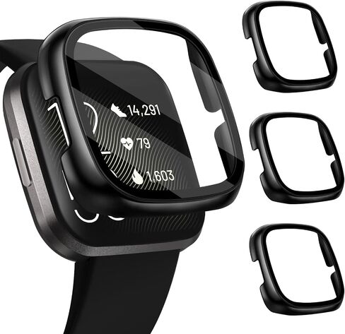 [3 Pack] iVoler Screen Protector Tempered Glass for Fitbit Versa 2, Hard PC case with Bumper Cover Sensitive Touch Full Coverage Protective Case for Versa 2 Smart Watch, Black in Kuwait