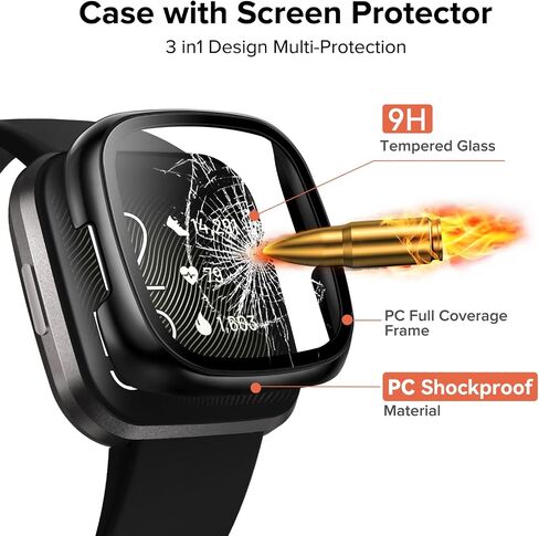[3 Pack] iVoler Screen Protector Tempered Glass for Fitbit Versa 2, Hard PC case with Bumper Cover Sensitive Touch Full Coverage Protective Case for Versa 2 Smart Watch, Black in Kuwait