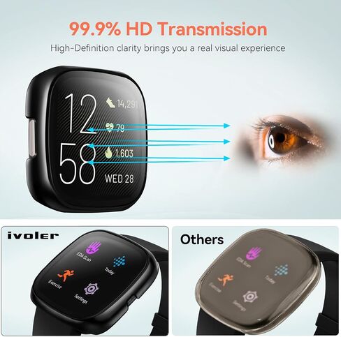 [3 Pack] iVoler Screen Protector Tempered Glass for Fitbit Versa 2, Hard PC case with Bumper Cover Sensitive Touch Full Coverage Protective Case for Versa 2 Smart Watch, Black in Kuwait