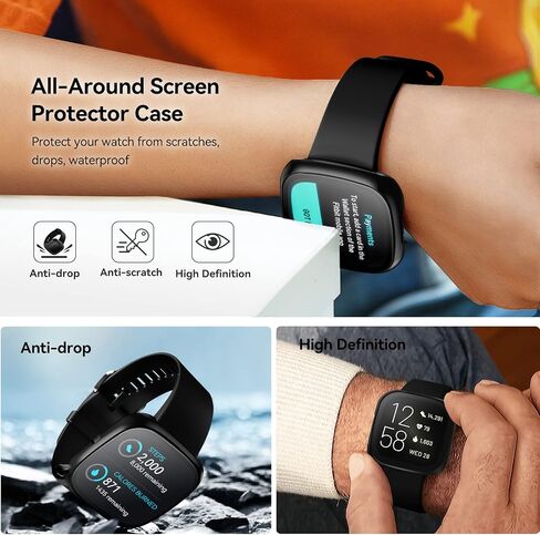 [3 Pack] iVoler Screen Protector Tempered Glass for Fitbit Versa 2, Hard PC case with Bumper Cover Sensitive Touch Full Coverage Protective Case for Versa 2 Smart Watch, Black in Kuwait
