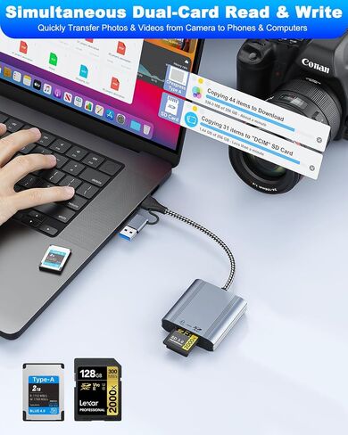 CFexpress Type A & SD Card Reader, USB 3.2 Gen 2 10Gbps Dual Slot, 2-in-1 CF Express Type A Card Adapter, Supports Simultaneous Read/Write for Windows/Mac/iOS/Android/Linux, All-Metal Design in Kuwait