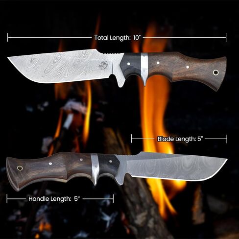 Knives Ranch Damascus Hunting Knife, Full Tang Camping Knife, Stabilized Rosewood & Burlap Micarta Handle, Heavy-Duty Leather Sheath (3153-IRW) in Kuwait