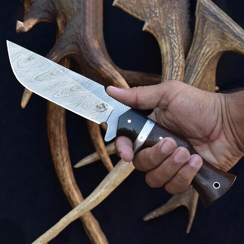 Knives Ranch Damascus Hunting Knife, Full Tang Camping Knife, Stabilized Rosewood & Burlap Micarta Handle, Heavy-Duty Leather Sheath (3153-IRW) in Kuwait