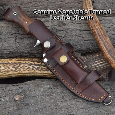 Knives Ranch Damascus Hunting Knife, Full Tang Camping Knife, Stabilized Rosewood & Burlap Micarta Handle, Heavy-Duty Leather Sheath (3153-IRW) in Kuwait