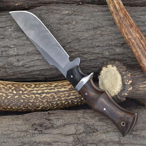 Knives Ranch Damascus Hunting Knife, Full Tang Camping Knife, Stabilized Rosewood & Burlap Micarta Handle, Heavy-Duty Leather Sheath (3153-IRW) in Kuwait