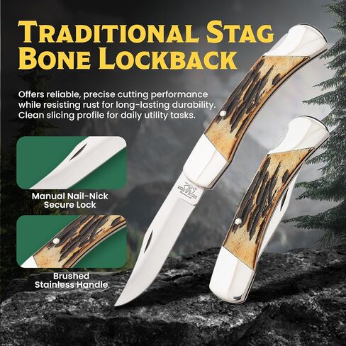 Bear & Son 505 Genuine India Stag Bone Midsize Lockback Knife, 3 3/4-Inch in Saudi Arabia