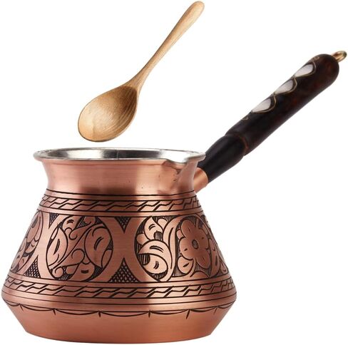 DEMMEX Copper Turkish Coffee Pot Cezve Ibrik Greek Coffee Briki Stovetop Coffee Maker with Wooden Handle & Spoon, 1mm Thick Copper, Handmade & Engraved in TURKEY, 9 fl Oz - 3 Servings in Kuwait