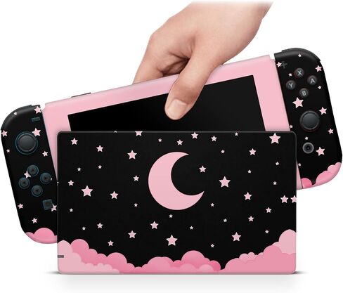 ZOOMHITSKINS Skin Compatible with Switch, Pink Moon Cloud Kawaii Anime Design, Durable 3M Vinyl Decal Wrap, Precision Fit, Bubble-Free, Made in USA in Saudi Arabia