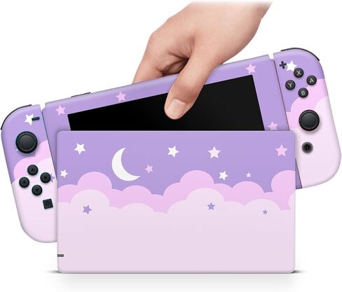 ZOOMHITSKINS Glitter Skin Compatible with Switch, Purple Moon Cloud Star Kawaii Design, Durable 3M Vinyl Decal Wrap, Precision Fit, Bubble-Free, Made in USA in Saudi Arabia