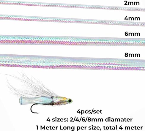 Fly Tying Materials - Mylar Tubing Set for Nymph Scud Flies, 4 Pcs Pearlescent Braid Tube, 2/4/6/8mm Holographic Hollow Round Cord, Polyester Fish Pattern, 1 Meter Per Size in Kuwait