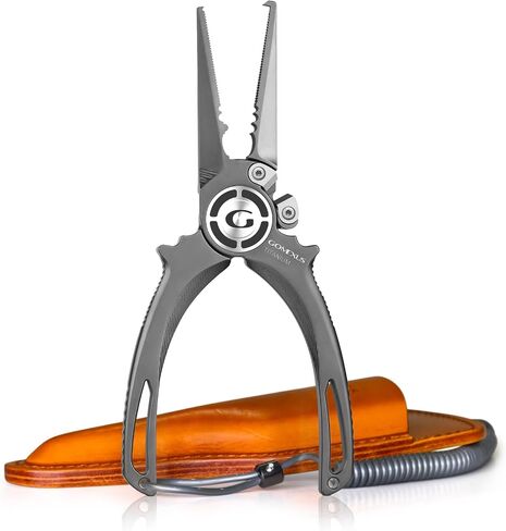 GOMEXUS Fishing Pliers Saltwater with Side Cutters, Never Rust Inshore & Nearshore Titanium Fishing Gear with Lanyard & Leather Sheath, Hook Remover, (7.5'' Split Ring Nose) in Kuwait