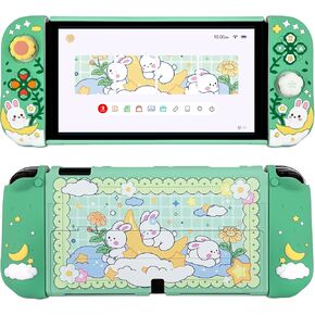 Protective Case for Nintendo Switch, Hard Back Shell + 2 Silicone Ergonomic Controller Covers + 2 Thumb Grips Caps, Cute Rabbit and Flower Cover, Green in Kuwait