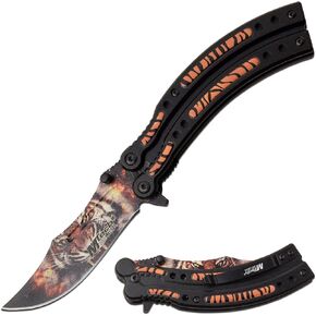 MTech USA - Spring Assisted Folding Knife - Eye of The Tiger - Stainless Steel Blade w/Embossed Printed Tiger Design, Black Aluminum Tiger Striped Handle, Pocket Clip, Liner Lock - EDC – MT-A1122TG in Saudi Arabia