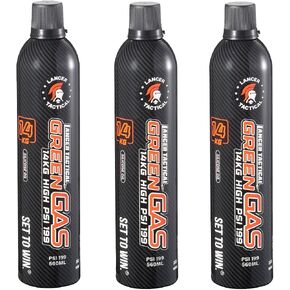 Lancer Tactical 560ml/18.9oz 14kg Powerful Green Gas High PSI G-1200 for Airsoft Pistol, Airsoft Rifle, Air Gun (Silicone Oil/Oil Free) -Pack of 3 in Kuwait