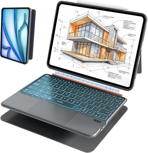 WIWU Keyboard Case for iPad Air 13 Inch M4/M3/M2 Pro 12.9 Magnetic Detachable Keyboard Case Adjustable Stand Colours Backlit Keys with Trackpad (Grey, for Air 13"(M3/M2) Pro 12.9" 6/5/4/3) in Kuwait