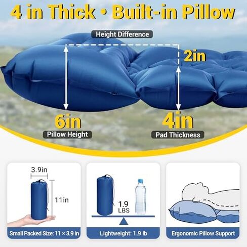 Two Single Camping Sleeping Pad Bundle, 4in Thick Compact Inflatable Camping Air Mattress with Built-in Pillow and Foot Pump for Backpacking Hiking Tent Road Trip Car Camp Travel Gear in Kuwait