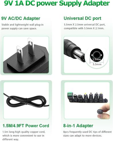 9V DC Power Supply AC Adapter 1A 0.5A with 8 Tips(Center Positive) in Kuwait