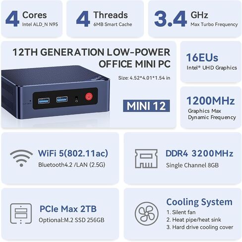 Beelink EQ Mini PC,Mini S12 N95 Intel Alder Lake-N95 (up to 3.4GHz),16GB DDR4 500GB M.2 SSD Mini Desktop Computer, Support 4K@60Hz Dual HDMI Display, 1000M LAN/USB3.2/Low-Power Home/Office Micro PC in Kuwait