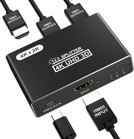 HDMI Splitter 1 in 3 Out, 4K HDMI Distributor for Triple Monitors, HDMI Splitter Copy 1 Source to 3 Displays at The Same Time for TV/Monitor/Projector/PS5/Laptop/STB (Power Cable Must Be Connected) in Saudi Arabia