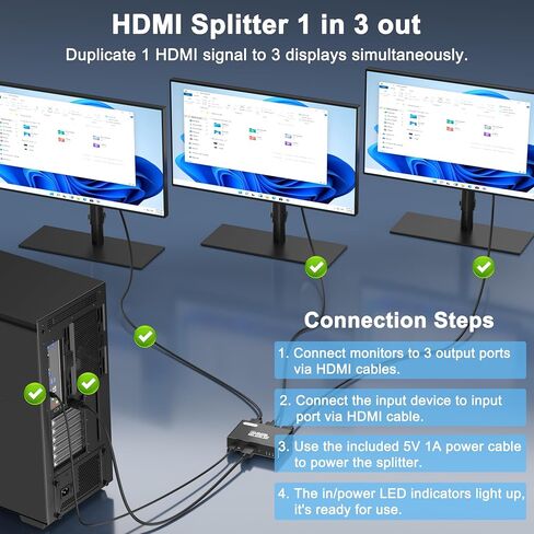 HDMI Splitter 1 in 3 Out, 4K HDMI Distributor for Triple Monitors, HDMI Splitter Copy 1 Source to 3 Displays at The Same Time for TV/Monitor/Projector/PS5/Laptop/STB (Power Cable Must Be Connected) in Saudi Arabia