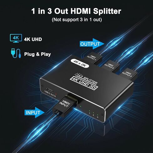 HDMI Splitter 1 in 3 Out, 4K HDMI Distributor for Triple Monitors, HDMI Splitter Copy 1 Source to 3 Displays at The Same Time for TV/Monitor/Projector/PS5/Laptop/STB (Power Cable Must Be Connected) in Saudi Arabia