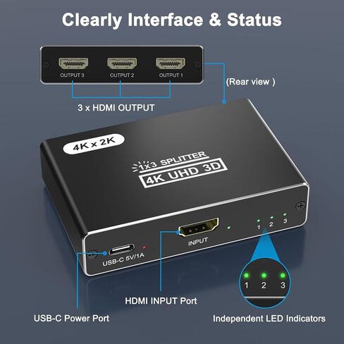 HDMI Splitter 1 in 3 Out, 4K HDMI Distributor for Triple Monitors, HDMI Splitter Copy 1 Source to 3 Displays at The Same Time for TV/Monitor/Projector/PS5/Laptop/STB (Power Cable Must Be Connected) in Saudi Arabia