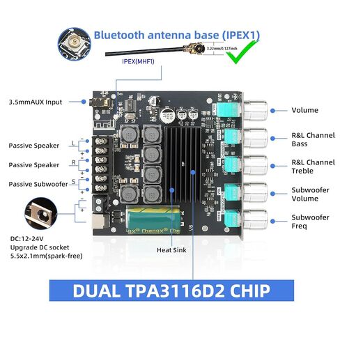 ZK-TB21 50WX2+100W Power Amplifier Board, TPA3116D2 Chip with Bluetooth and AUX Inputs, 2.1 Channel Audio Power Amplifier in Kuwait