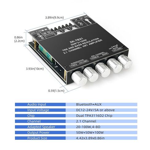 ZK-TB21 50WX2+100W Power Amplifier Board, TPA3116D2 Chip with Bluetooth and AUX Inputs, 2.1 Channel Audio Power Amplifier in Kuwait