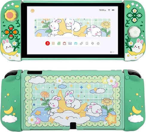 Protective Case for Nintendo Switch, Hard Back Shell + 2 Silicone Ergonomic Controller Covers + 2 Thumb Grips Caps, Cute Rabbit and Flower Cover, Green in Kuwait