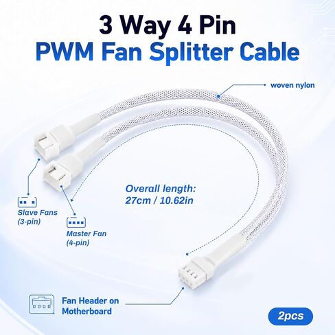 2 Pack 1 to 2 Ways 4-Pin PWM Fan Extension Splitter Cable 11 Inches PC Fan Splitter 4P Male to Female Connector for PC Chassis Channel Fans Motherboard Computer Case (White) in Kuwait