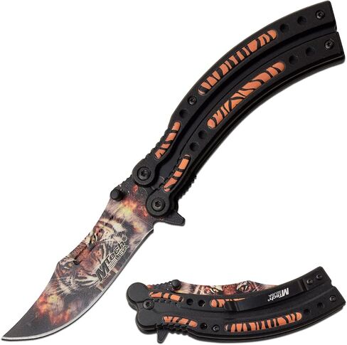 MTech USA - Spring Assisted Folding Knife - Eye of The Tiger - Stainless Steel Blade w/Embossed Printed Tiger Design, Black Aluminum Tiger Striped Handle, Pocket Clip, Liner Lock - EDC – MT-A1122TG in Saudi Arabia
