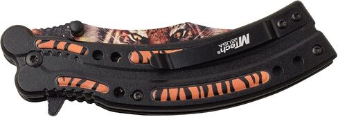 MTech USA - Spring Assisted Folding Knife - Eye of The Tiger - Stainless Steel Blade w/Embossed Printed Tiger Design, Black Aluminum Tiger Striped Handle, Pocket Clip, Liner Lock - EDC – MT-A1122TG in Saudi Arabia