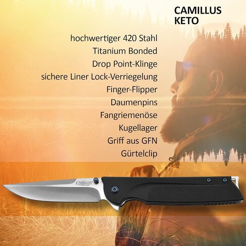 Camillus 19392 Keto Titanium Bonded 420 Stainless Steel Drop-Point Folding Knife with 3" Blade and Pocketclip, 8" Length in Kuwait