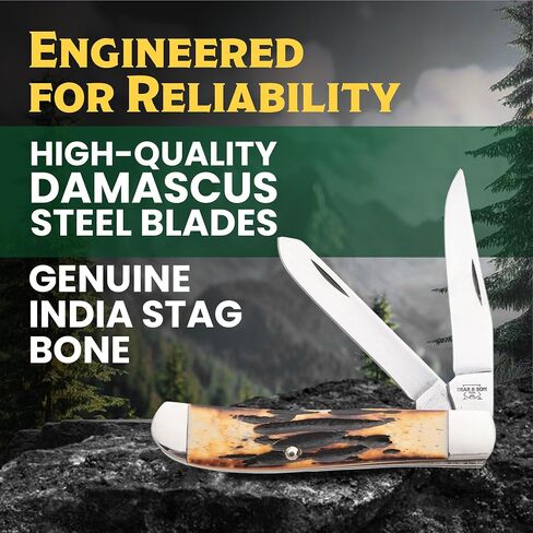 Bear & Son 554D Trapper Knife with Genuine India Stag Bone Handle and 416 Layer Damascus Steel Blades, 4-1/8" Closed Length in Kuwait
