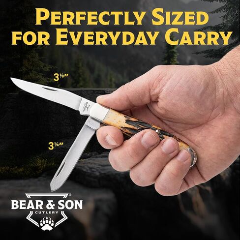 Bear & Son 554D Trapper Knife with Genuine India Stag Bone Handle and 416 Layer Damascus Steel Blades, 4-1/8" Closed Length in Kuwait