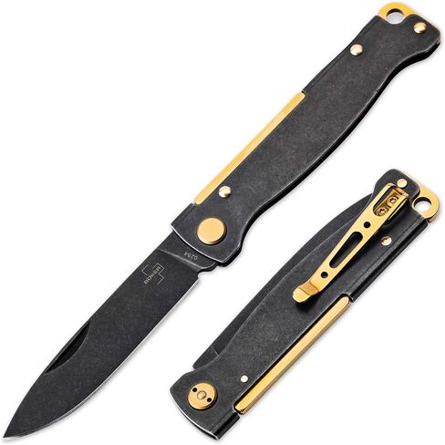 BOKER PLUS® Atlas Black Stonewash Brass - Small Slipjoint 2-handed Pocket Knife - Slim Full-Metal EDC Folder w/Black Stonewash 12C27 Sandvik Blade - Vintage-Style Brass Jack Knife w/Pocket Clip in Kuwait