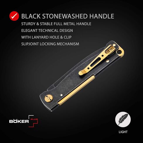 BOKER PLUS® Atlas Black Stonewash Brass - Small Slipjoint 2-handed Pocket Knife - Slim Full-Metal EDC Folder w/Black Stonewash 12C27 Sandvik Blade - Vintage-Style Brass Jack Knife w/Pocket Clip in Kuwait