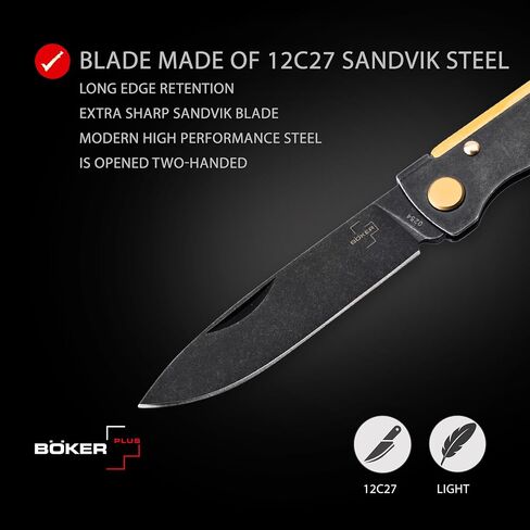 BOKER PLUS® Atlas Black Stonewash Brass - Small Slipjoint 2-handed Pocket Knife - Slim Full-Metal EDC Folder w/Black Stonewash 12C27 Sandvik Blade - Vintage-Style Brass Jack Knife w/Pocket Clip in Kuwait